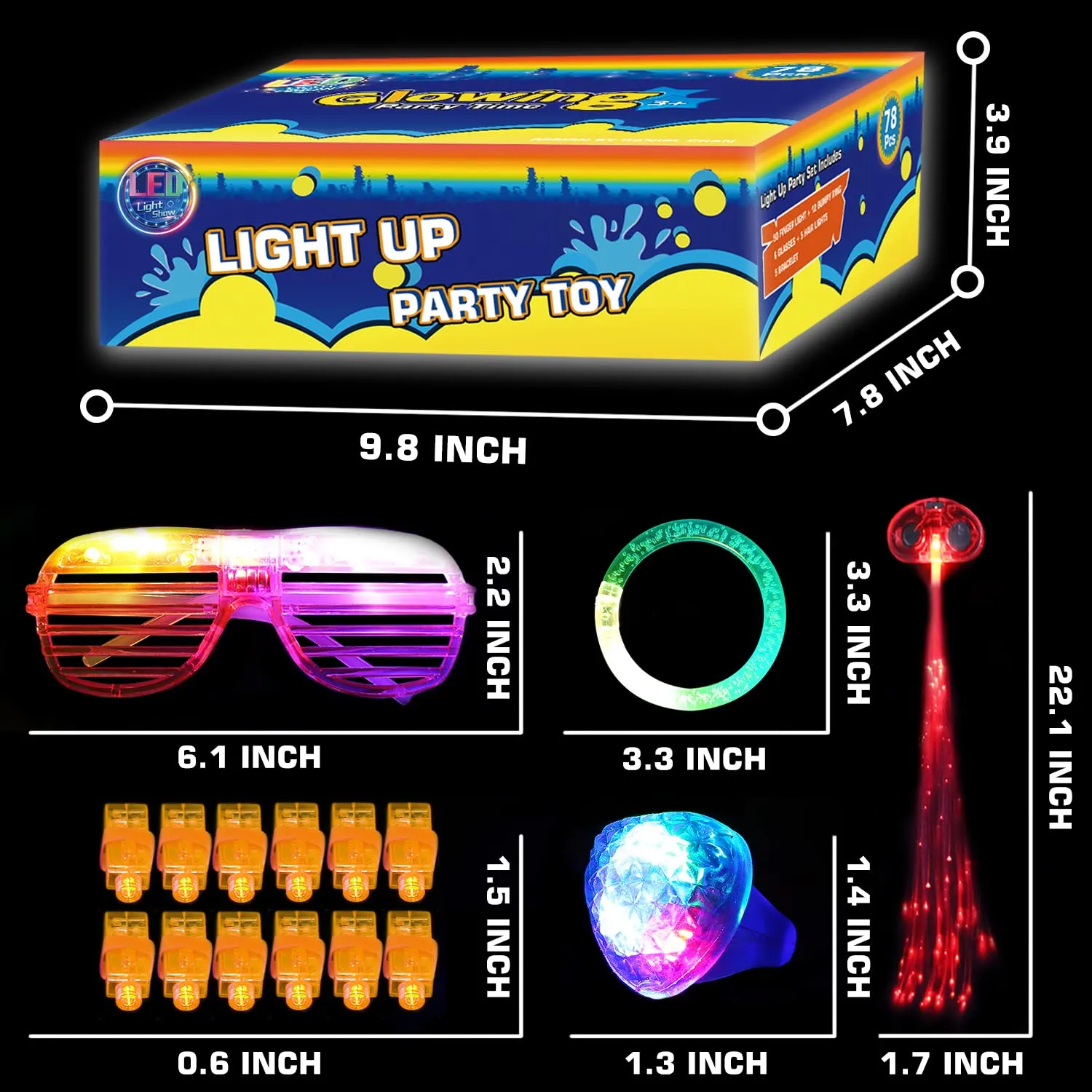 78PCs LED Light Up Toy Party Favors/Supplies Bulk Glow In The Dark For Adult Kids Birthday Halloween With 50 Finger Light, 12 Jelly Ring, 6 Flashing Glasses, 5 Bracelet, 5 Fiber Optic Hair Light