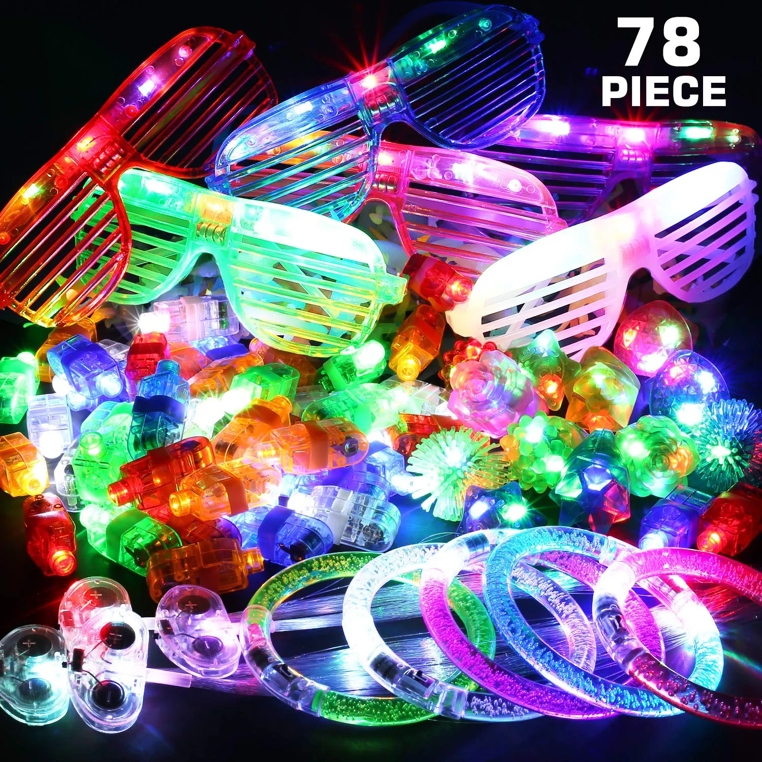 78PCs LED Light Up Toy Party Favors/Supplies Bulk Glow In The Dark For Adult Kids Birthday Halloween With 50 Finger Light, 12 Jelly Ring, 6 Flashing Glasses, 5 Bracelet, 5 Fiber Optic Hair Light