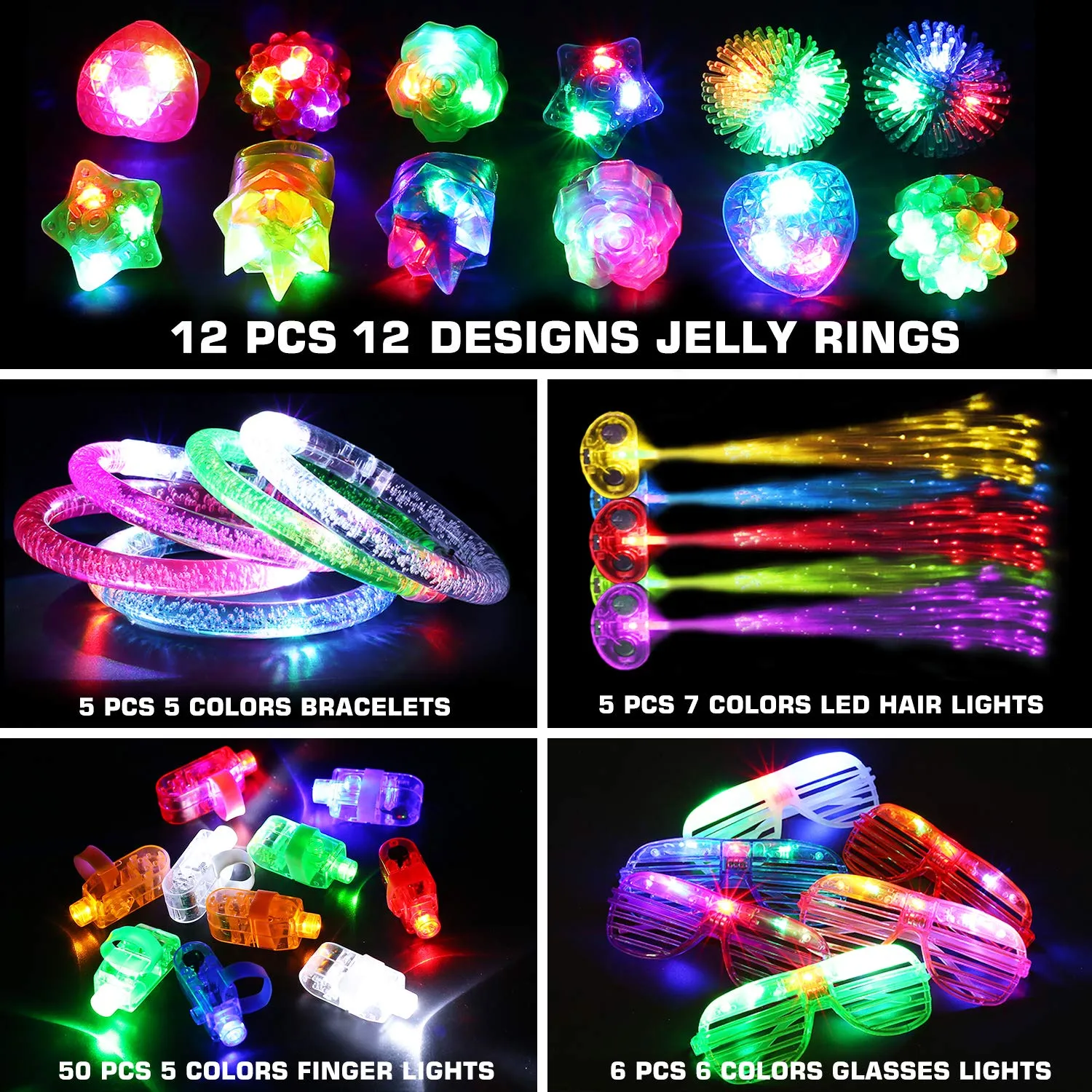 78PCs LED Light Up Toy Party Favors/Supplies Bulk Glow In The Dark For Adult Kids Birthday Halloween With 50 Finger Light, 12 Jelly Ring, 6 Flashing Glasses, 5 Bracelet, 5 Fiber Optic Hair Light