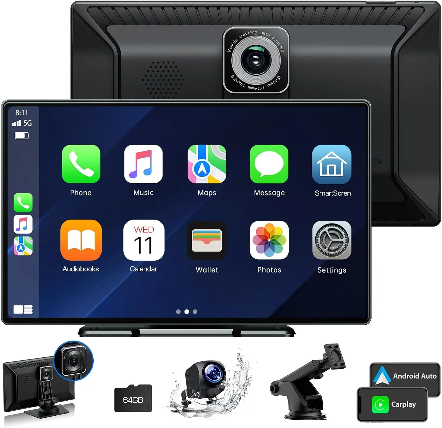 9''Car Stereo Wireless Apple Carplay & Android Auto with 2.5K Dash Cam & 1080P Backup Camera, Mirror Link and GPS