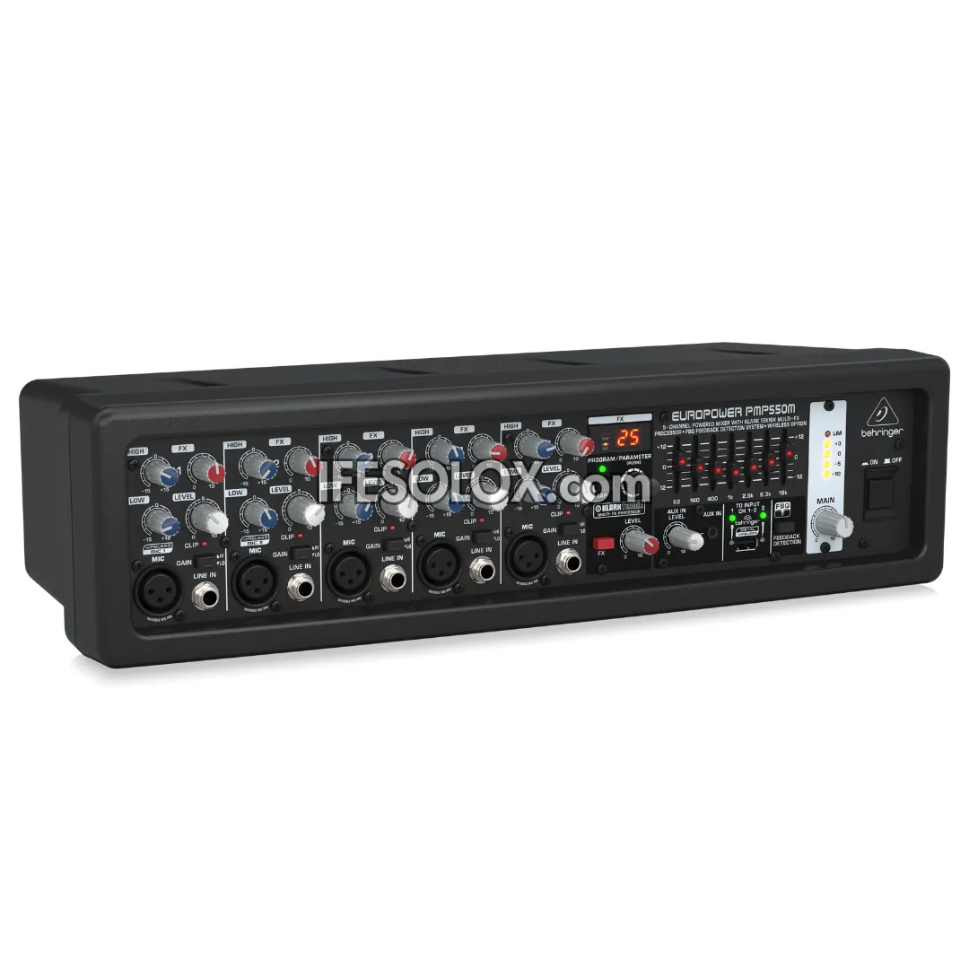 Behringer EUROPOWER PMP550M 5-Channel Powered Mixer with Klark Teknik Multi-FX Processor, Wireless Option - Brand New