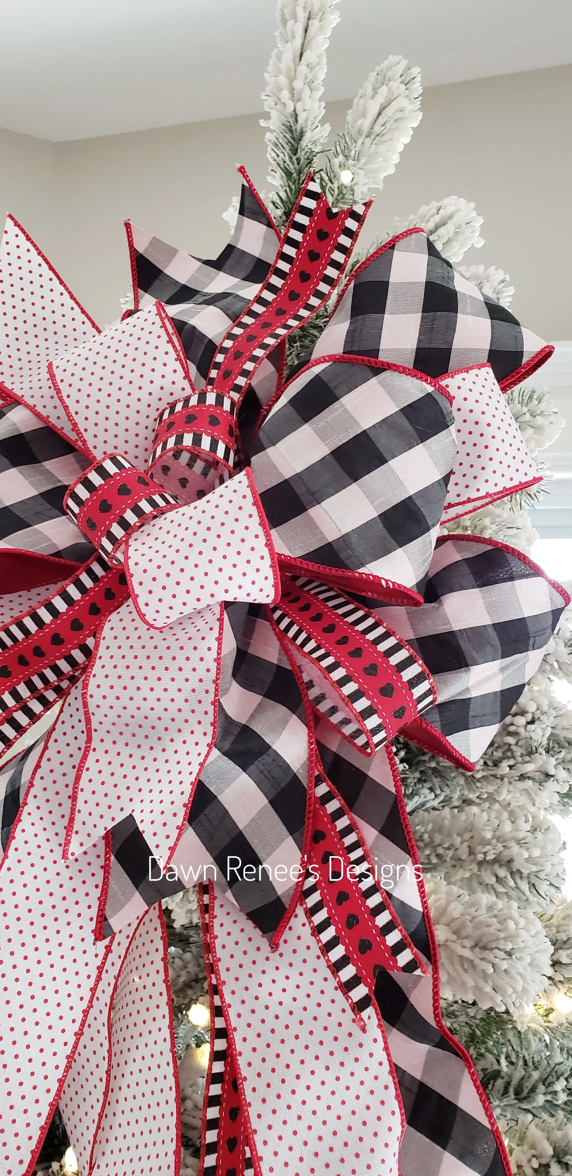 Buffalo Check Valentine's Day Bow, Red White Black Tree Topper