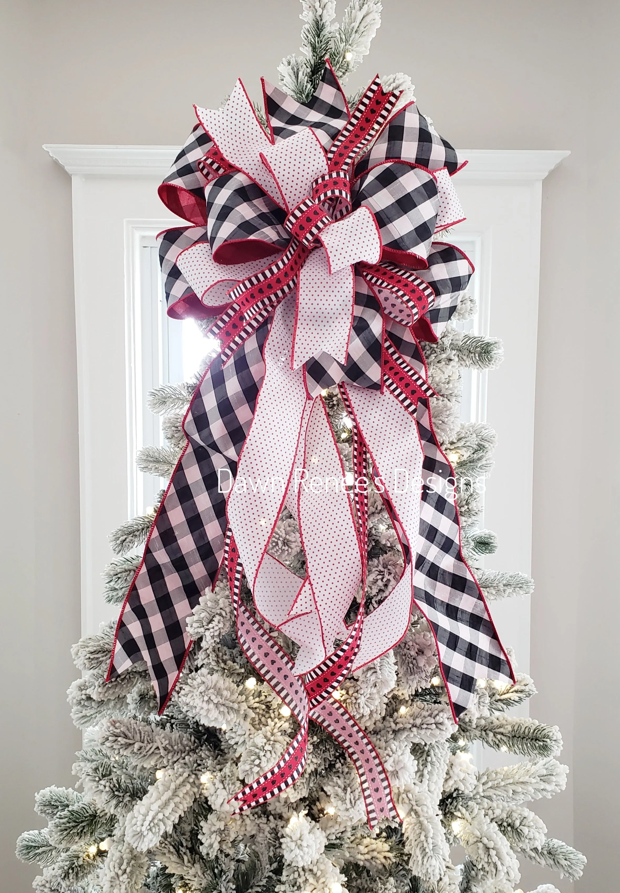 Buffalo Check Valentine's Day Bow, Red White Black Tree Topper