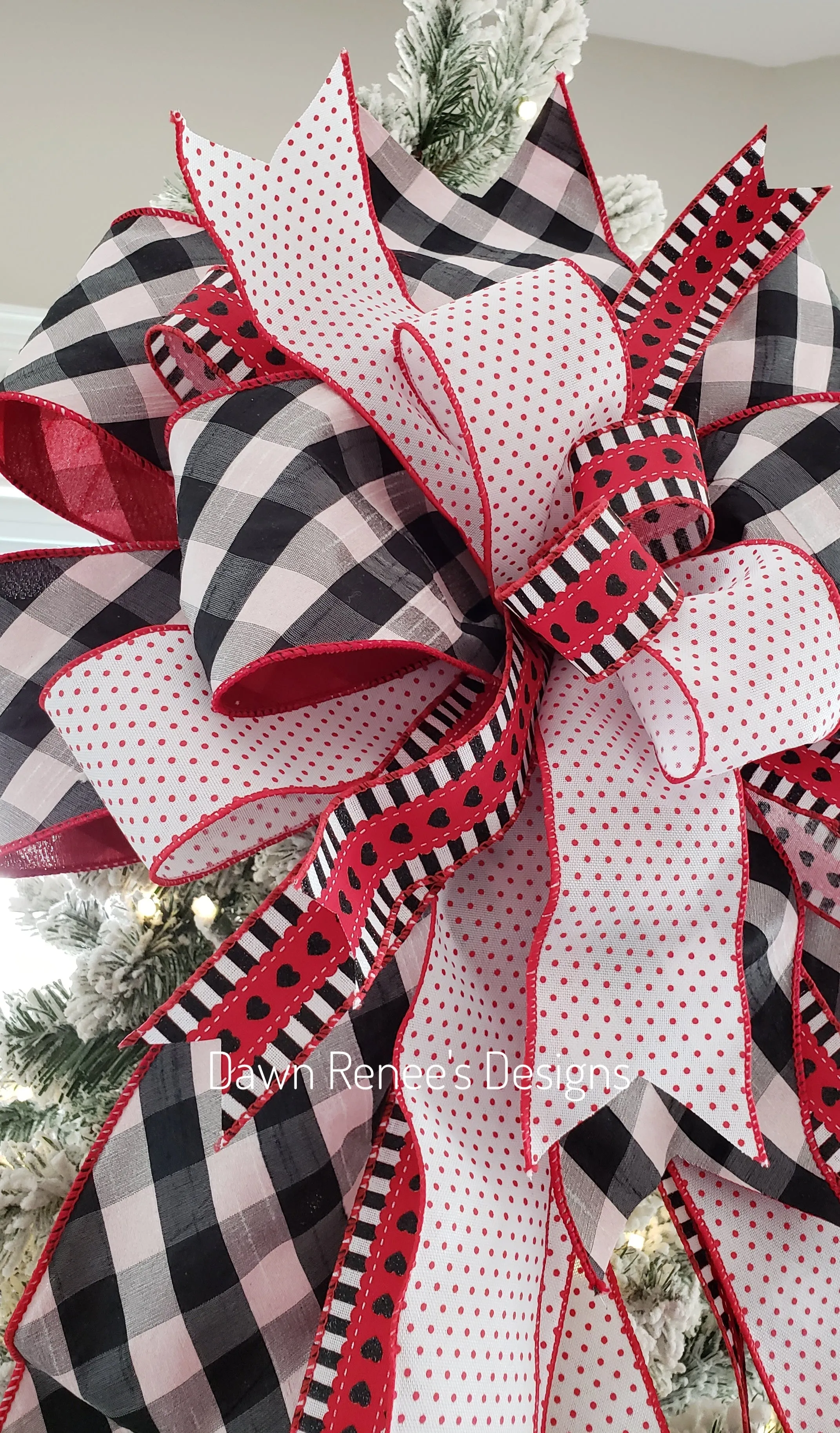 Buffalo Check Valentine's Day Bow, Red White Black Tree Topper