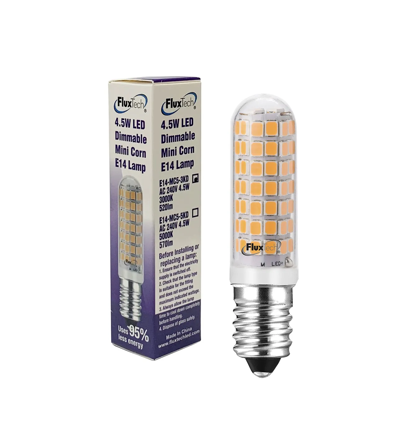 FluxTech – E14 LED Mini Corn Bulb - 4.5W Dimmable & 4W Non-dimmable