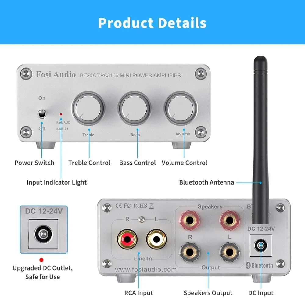 Fosi Audio BT20A Bluetooth 5.0 Max Power Mini HiFi Class D Amplifier