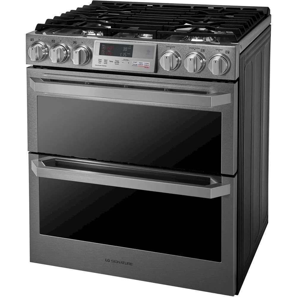 LG - SIGNATURE 7.3 Cu. Ft. Self-Cleaning Slide-In Double Oven Dual Fuel ProBake Convection Smart Wi-Fi Range - Textured Steel