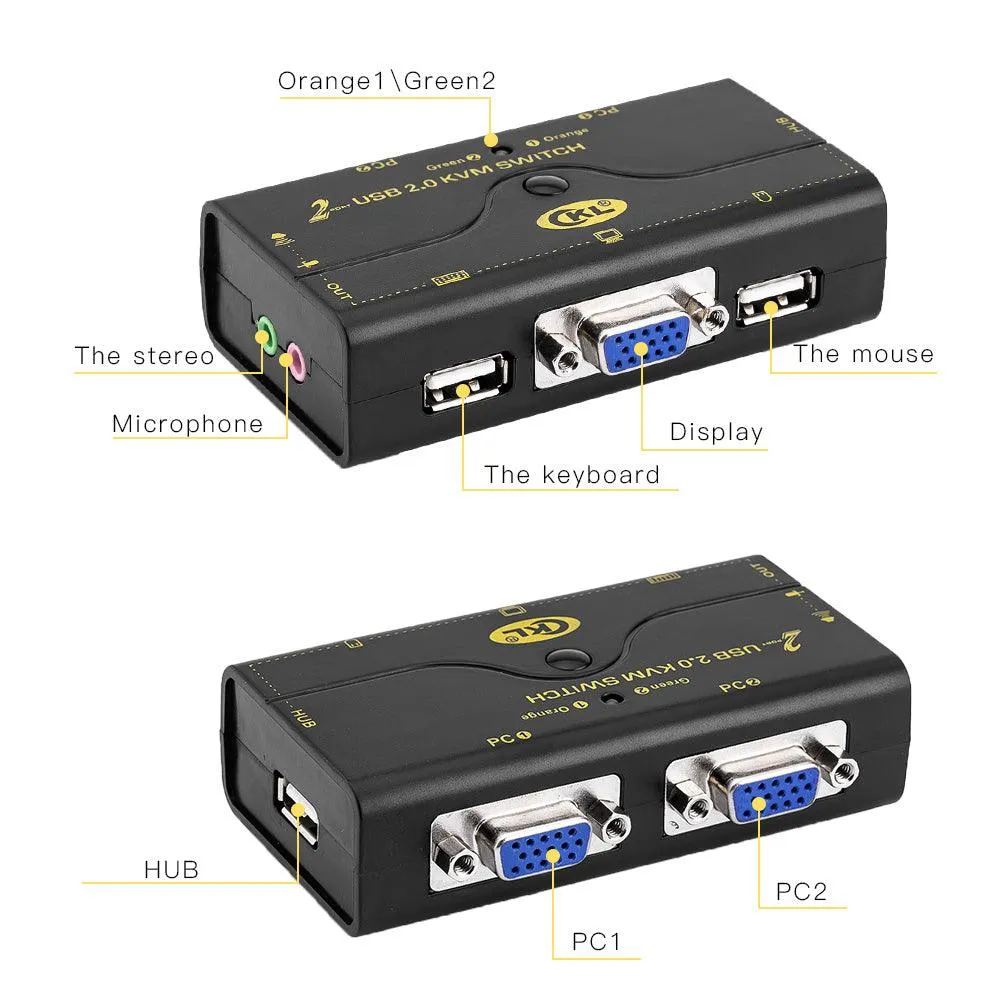 VGA KVM Switch 2 Port   Cable Kits   USB 2.0 HUB Support Audio Microphone 2048 * 1536 450MHz，2 Computers Sharing PC Monitor Keyboard Mouse Printer Scanner U Disk CKL-21UA