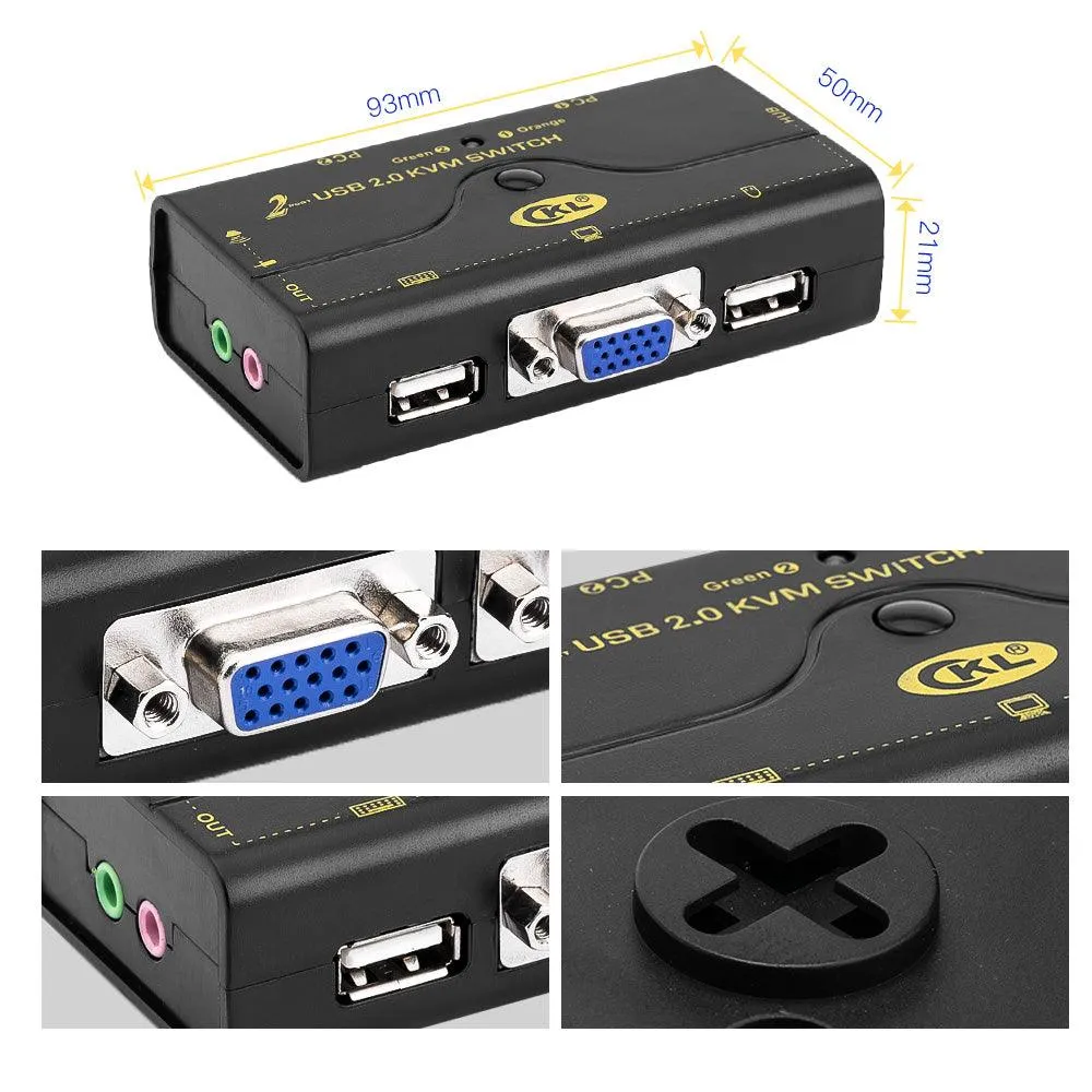 VGA KVM Switch 2 Port   Cable Kits   USB 2.0 HUB Support Audio Microphone 2048 * 1536 450MHz，2 Computers Sharing PC Monitor Keyboard Mouse Printer Scanner U Disk CKL-21UA