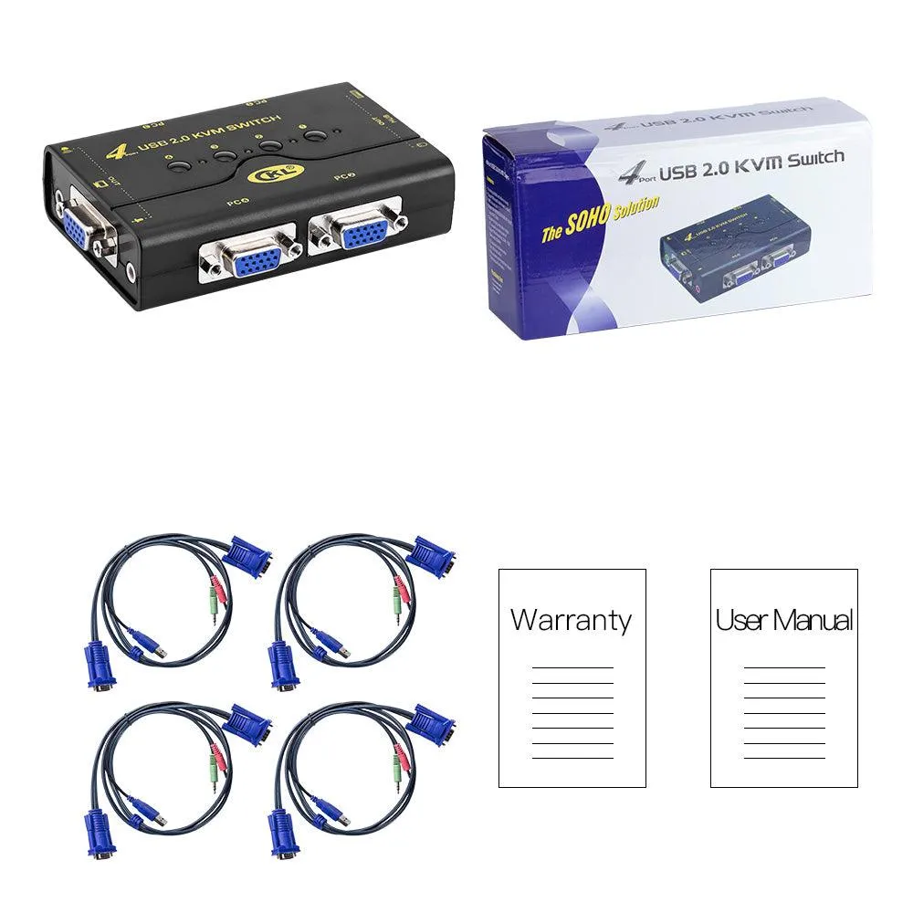 VGA KVM Switch 4 Port   Cable Kits   USB 2.0 HUB Support Audio Microphone 2048 * 1536 450MHz，4 Computers Sharing PC Monitor Keyboard Mouse Printer Scanner U Disk CKL-41UA